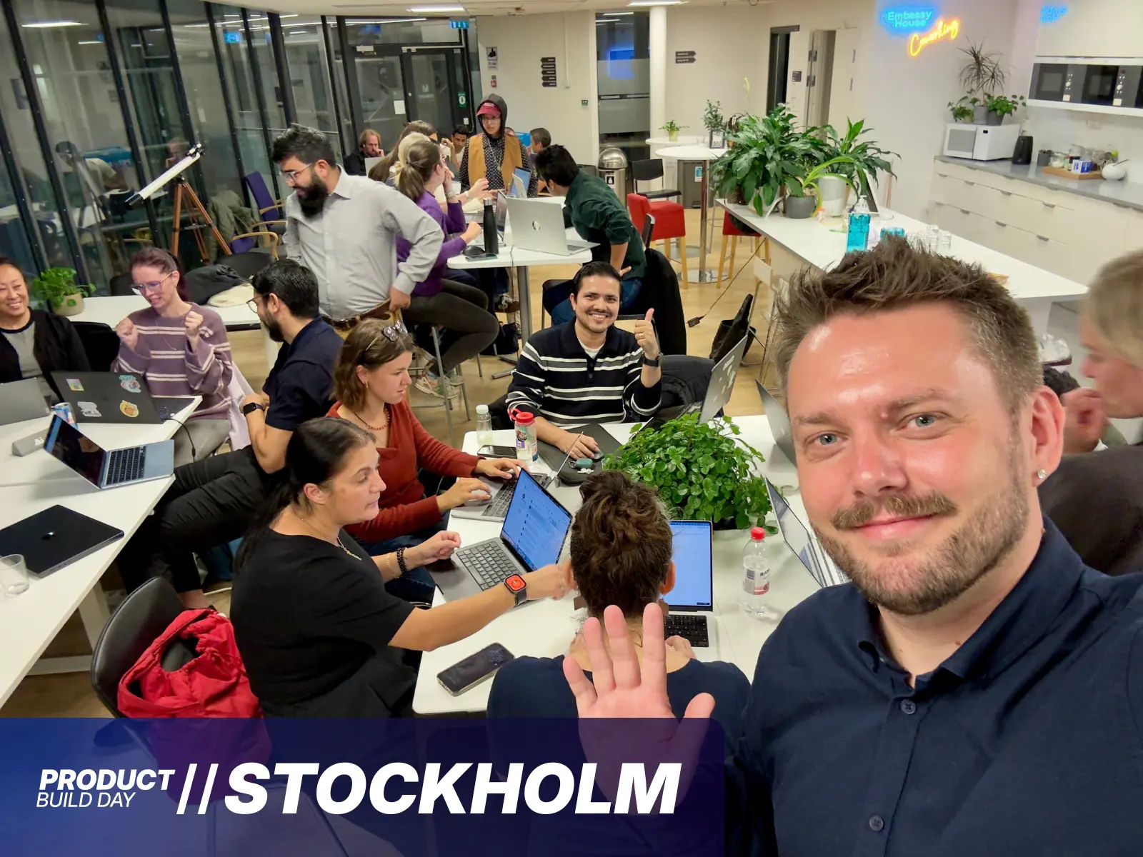 Builders working around shared tables at the Stockholm edition