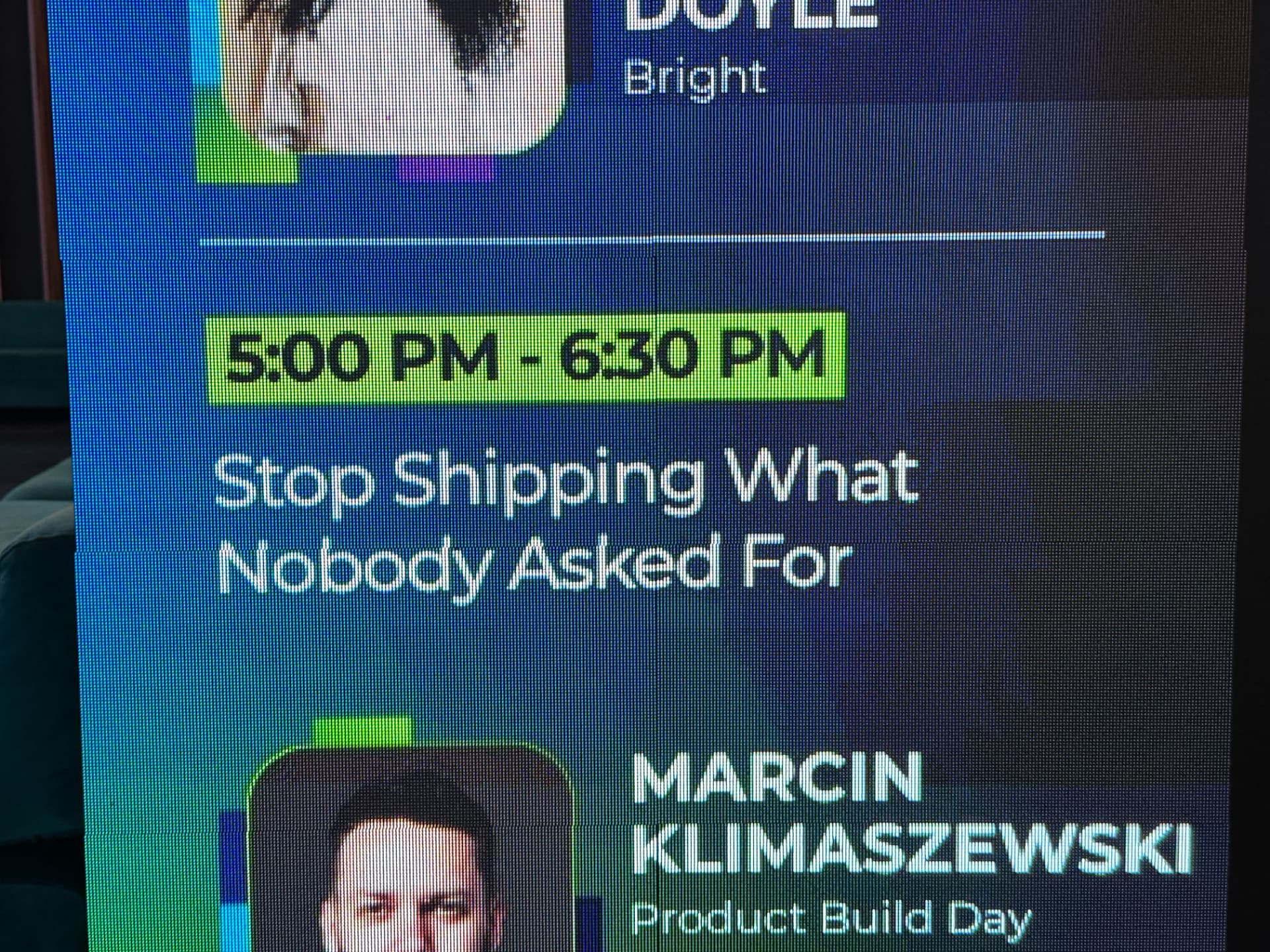 The How to Web agenda screen showing Stop Shipping What Nobody Asked For, 5:00 to 6:30 PM, Marcin Klimaszewski, Product Build Day